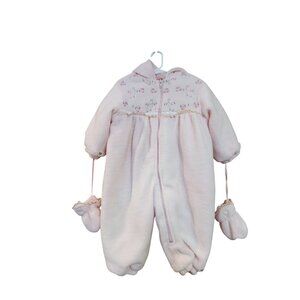 Vintage La Petite Rothschild Pink Floral Infant Snowsuit W/ Mittens & Hood 24M P